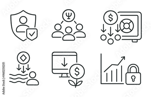 Line style icons of DeFi: decentralized ID authentication, DAO membership icon, reward token distribution, smart yield vault, staking pool contribution, DeFi withdrawal request, farming return graph,