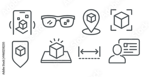 Line style icons of AR: smartphone AR view, AR glasses, AR marker, virtual object on table, AR navigation arrow, AR shopping item, AR measuring tool, AR user interface.