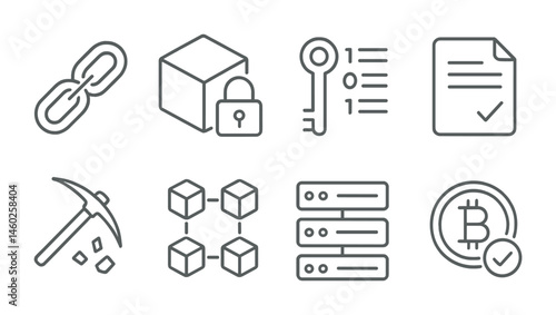 Line style icons of blockchain: blockchain chain link, secure block, data encryption, smart contract, mining pickaxe, blockchain network, distributed ledger, crypto verification.