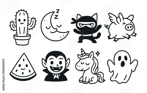 Line style icons of cartoons: cartoon cactus, sleepy moon, ninja cat, flying pig, cartoon watermelon, funny vampire, dreamy unicorn, scared ghost.