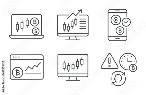 Line style icons of crypto trading: spot trading platform, futures trading screen, options trading app, derivatives trading tab, perpetual contracts chart, margin call alert, futures expiry clock,