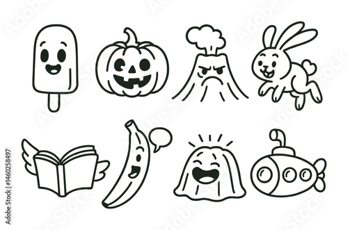 Line style icons of cartoons: cartoon popsicle, silly pumpkin, grumpy volcano, hopping bunny, flying book, speaking banana, laughing jelly, cartoon submarine.