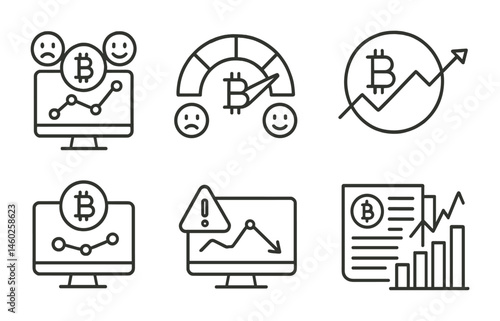 Line style icons of crypto trading: market sentiment tracker, fear and greed index, bullish trend icon, bearish trend icon, sideways market symbol, market reversal alert, crypto news impact, trading
