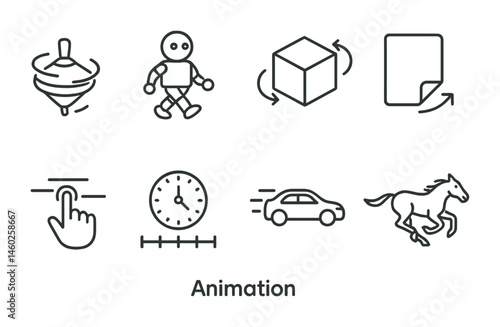 Line style icons of animation: spinning top, walking robot, rotating cube, flipping page, animated swipe, timeline clock, speeding car, running horse.