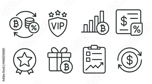 Line style icons of exchanges: transaction fee discount, VIP trading tier, trading volume milestone, fee rebate program, premium user badge, exchange loyalty program, trading commission tracker, fee