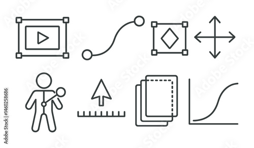 Line style icons of animation: frame editor, motion path, animation keyframe, transformation tool, puppet pin tool, timeline cursor, onion skinning, easing curve.