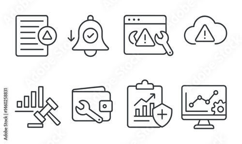 Line style icons of exchanges: exchange incident report, downtime notification icon, system maintenance alert, unscheduled service outage, trading suspension announcement, wallet maintenance notice,