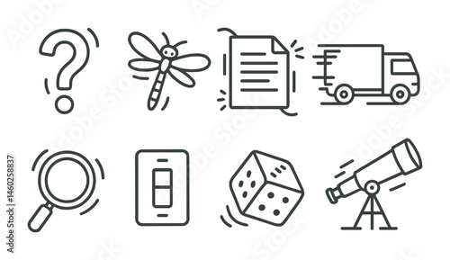 Line style icons of animation: animated question mark, flying dragonfly, blinking document, animated truck, morphing magnifier, animated light switch, rolling dice, zooming telescope.