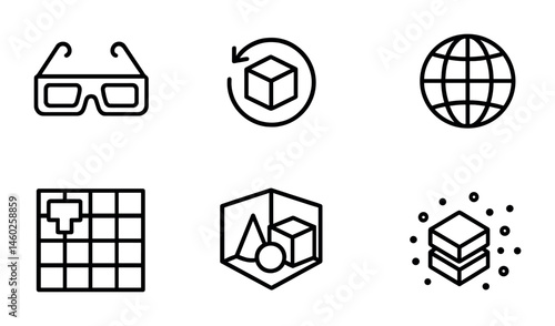 Line style icons of 3D: 3D glasses, 3D object rotation, mesh sphere, extrude shape, UV map, 3D scene, layered cube, point cloud.