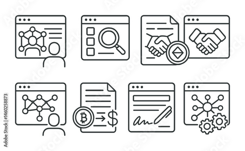 Line style icons of Web3 apps: Web3 career platform, decentralized job board, token-based work contract, freelancing DAO, crypto salary payments, remote work contract dApp, bounty hunting platform,