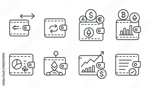 Line style icons of blockchain wallets: wallet-to-wallet transfer, wallet swap function, multi-currency wallet, token portfolio manager, wallet staking dashboard, delegated staking tool, wallet
