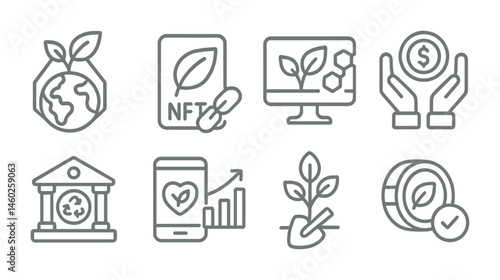 Line style icons of Web3 apps: environmental Web3 project, green NFT marketplace, decentralized carbon credit platform, blockchain-based recycling app, climate change DAO, eco impact tracker,