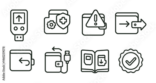 Line style icons of blockchain wallets: hardware wallet firmware update, security patch alert, critical vulnerability warning, recommended device upgrade, wallet firmware rollback, safe device