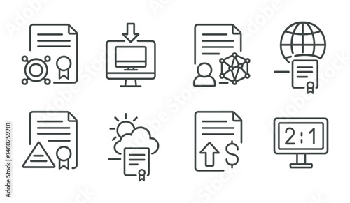 Line style icons of smart contracts: oracle-connected smart contract, off-chain data fetch, decentralized oracle connection, real-world data trigger, hybrid smart contract, weather data oracle,