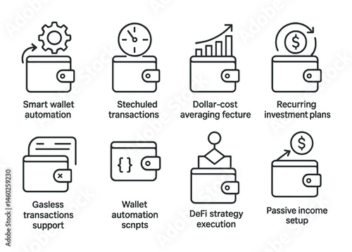 Line style icons of blockchain wallets: smart wallet automation, scheduled transactions, dollar-cost averaging feature, recurring investment plans, gasless transactions support, wallet automation