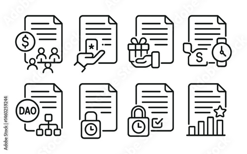 Line style icons of smart contracts: automated dividend distribution contract, loyalty rewards contract, vesting schedule smart contract, employee stock options contract, DAO rewards allocation, time