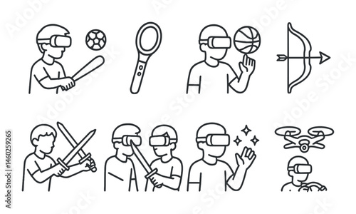 Line style icons of VR: VR sports game, VR tennis controller, VR basketball game, VR archery bow, VR sword fighting, VR magic spells, VR racing car, flying drone in VR.