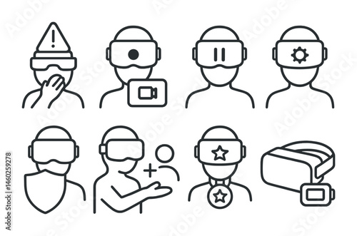 Line style icons of VR: VR motion sickness alert, VR screen recording, VR pause menu, VR settings panel, VR privacy shield, VR friend invite, VR achievement badge, headset battery status.