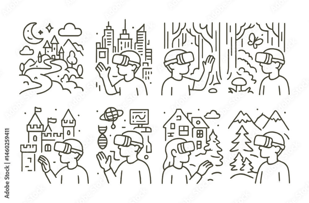 Obraz premium Line style icons of VR: VR fantasy world, cyberpunk VR city, enchanted VR forest, VR medieval castle, futuristic VR lab, haunted VR mansion, VR alien planet, snowy VR landscape.