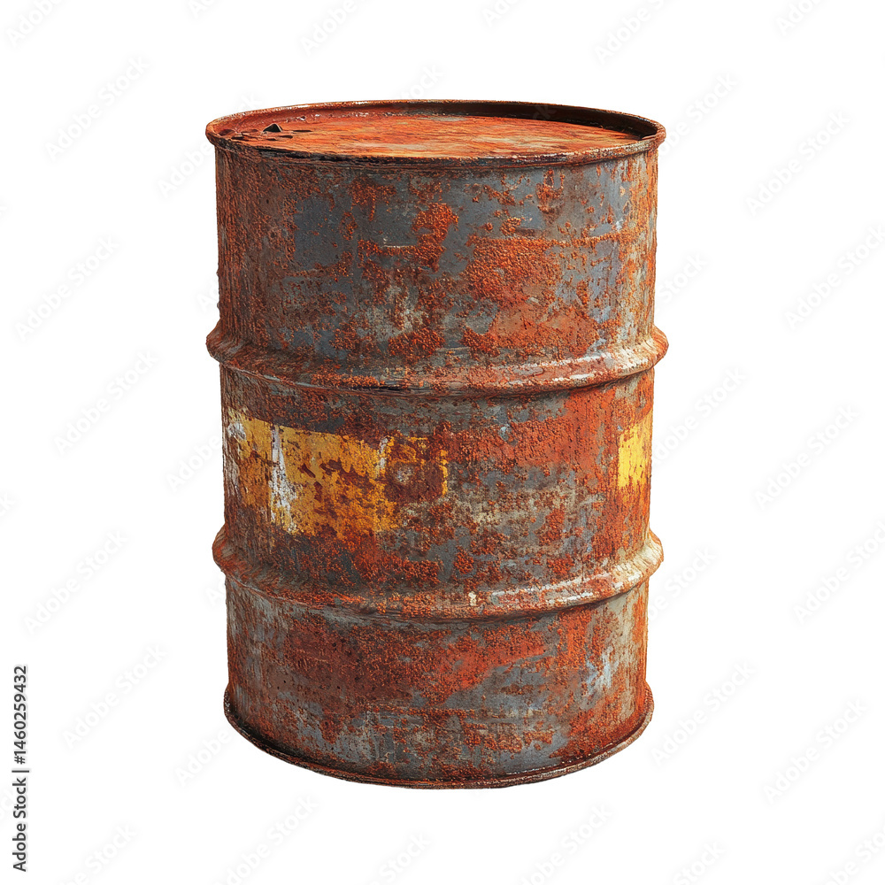 Fototapeta premium Old rusty steel oil barrel isolated on Transparent background showcasing weathered texture and color contrasts, Old rusty steel oil barrel isolated on PNG background