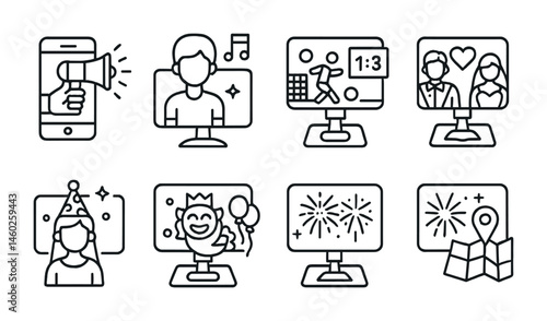 Line style icons of AR: AR event promotion, AR concert experience, AR live sports stats, AR wedding highlights, AR party filters, AR parade overlays, AR fireworks show, AR festival guide.
