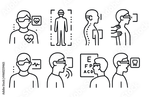Line style icons of AR: AR health monitor, AR body scan, AR posture correction, AR physical therapy, AR heartbeat tracker, AR breathing exercises, AR vision test, AR dental checkup.