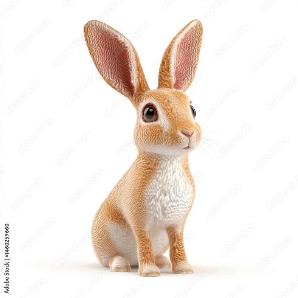 Fototapeta premium Cute light brown rabbit, sitting, against white background.