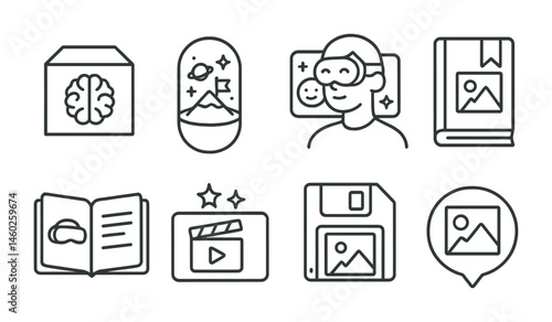 Line style icons of metaverse: memory archive, digital time capsule, past experience replay, event bookmark, metaverse diary, highlight reel, save moment icon, share memory bubble.