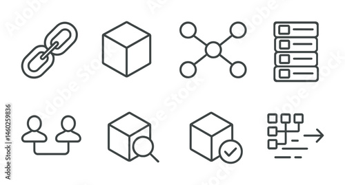 Line style icons of blockchain: blockchain link, data block, chain of nodes, distributed ledger, peer-to-peer connection, blockchain explorer, block verification, data hashing.