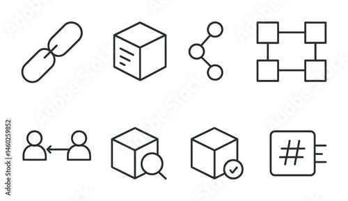 Line style icons of blockchain: blockchain link, data block, chain of nodes, distributed ledger, peer-to-peer connection, blockchain explorer, block verification, data hashing.