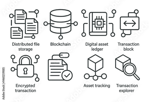 Line style icons of blockchain: distributed file storage, blockchain database, digital asset ledger, transaction block, encrypted transaction, immutable record, asset traceability, transaction