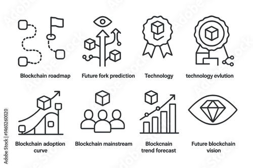Line style icons of blockchain: blockchain roadmap, future fork prediction, blockchain milestone badge, technology evolution icon, blockchain adoption curve, blockchain mainstream icon, blockchain