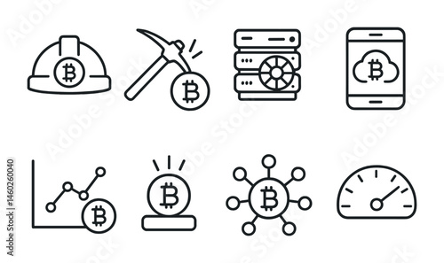 Line style icons of cryptocurrency: cryptocurrency mining helmet, mining pickaxe, mining farm icon, cloud mining app, mining hash rate, mining reward icon, mining pool network, mining difficulty
