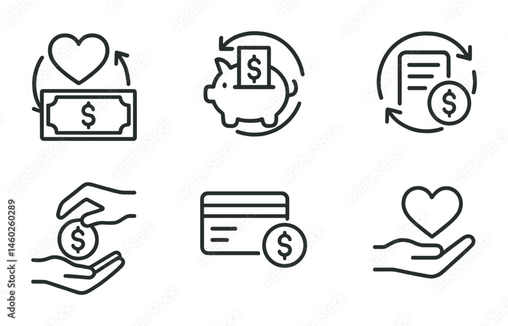 Line style icons of transactions: recurring donation transaction, automatic savings transfer, subscription renewal transaction, loan repayment transaction, credit card bill transaction, micro-payment Line style icons of transactions: recurring donation transaction, automatic savings transfer, subscription renewal transaction, loan repayment transaction, credit card bill transaction, micro-payment