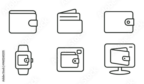 Line style icons of wallets: minimalistic wallet design, compact wallet icon, slim cardholder wallet, stylish wallet outline, elegant wallet clasp, smart wearable wallet, AR wallet interface,