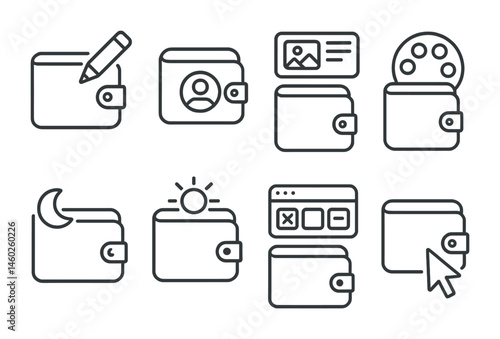 Line style icons of wallets: wallet personalization icon, wallet profile avatar, wallet theme customization, color palette for wallet, dark mode wallet, light mode wallet, custom dashboard widgets,