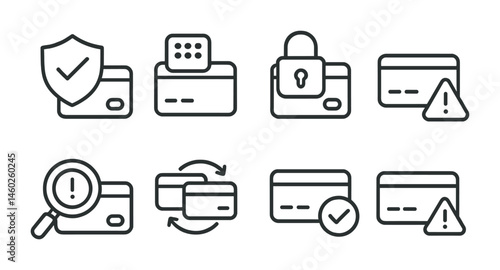 Line style icons of transactions: transaction security shield, encrypted payment icon, secure transaction lock, fraud detection alert, transaction dispute icon, transaction verification process,