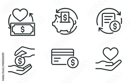 Line style icons of transactions: recurring donation transaction, automatic savings transfer, subscription renewal transaction, loan repayment transaction, credit card bill transaction, micro-payment