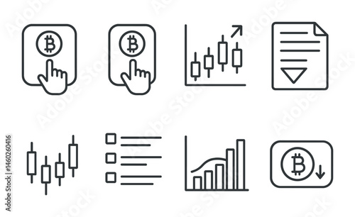Line style icons of crypto trading: buy crypto button, sell crypto button, market order icon, limit order form, trading candlestick chart, order book list, trade volume graph, crypto price ticker.