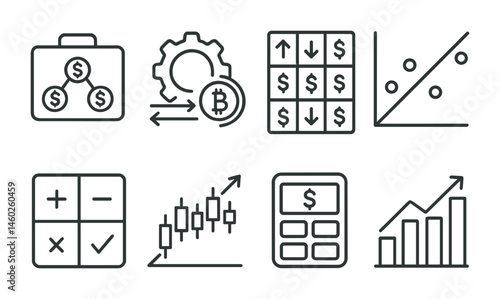 Line style icons of crypto trading: portfolio diversification, asset reallocation tool, trading asset heatmap, asset correlation chart, risk management matrix, trading risk reward ratio, position
