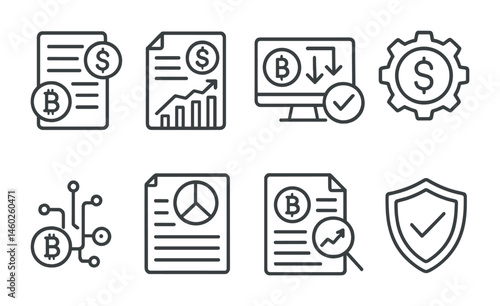Line style icons of crypto trading: trading tax report, crypto capital gains form, loss harvesting tool, tax optimization icon, accounting integration app, annual trading report, crypto tax