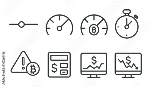 Line style icons of crypto trading: leverage adjustment slider, risk exposure meter, margin utilization gauge, funding payment countdown, negative funding warning, liquidation price calculator,