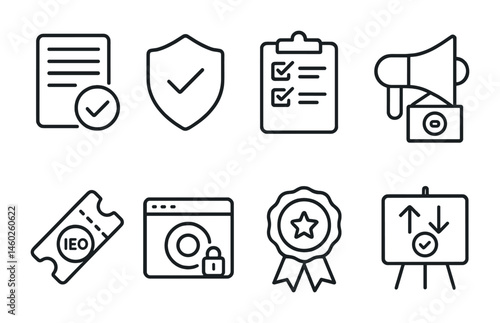 Line style icons of exchanges: exchange listing application form, project verification badge, token review checklist, listing announcement banner, initial exchange offering (IEO) ticket, token