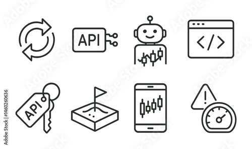 Line style icons of exchanges: exchange API access, trading bot integration, programmatic trading connection, exchange developer portal, API key generator, exchange sandbox environment, testnet
