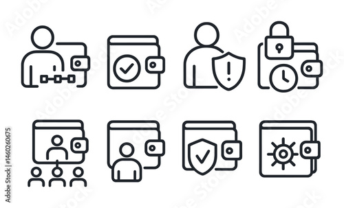 Line style icons of blockchain wallets: social recovery wallet icon, trusted guardian approval, emergency recovery process, delayed withdrawal protection, guardianship recovery threshold,