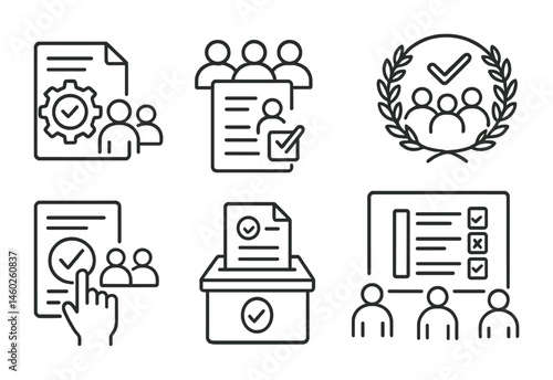 Line style icons of smart contracts: DAO contract voting tool, community governance proposal, voting quorum badge, proposal voting results, contract execution upon vote, smart contract-based