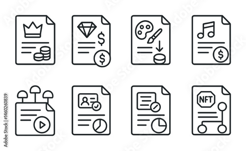 Line style icons of smart contracts: royalty distribution contract, NFT secondary sale royalties, creator commission smart contract, artist payout smart contract, streaming royalties automation,