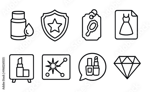 Line style icons of cosmetic skins: cosmetic item icon, decorative skin badge, vanity item tag, aesthetic outfit file, style enhancement board, visual effect chart, cosmetic bundle bubble, fashion