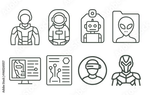 Line style icons of sci-fi skins: futuristic outfit icon, space suit badge, robot character tag, alien appearance file, cyber design board, futuristic tech chart, virtual skin bubble, sci-fi