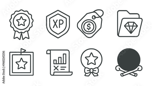 Line style icons of quest rewards: reward icon, experience badge, gold coin tag, rare item file, achievement board, loot chart, prize bubble, quest bounty symbol.